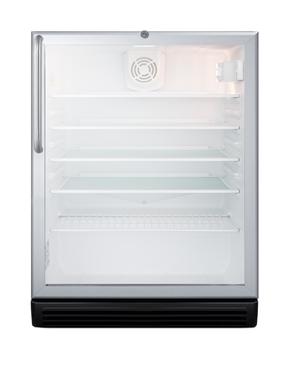 Commercially listed ADA compliant built-in undercounter beverage center with stainless steel wrapped cabinet, glass door, towel bar handle, and lock